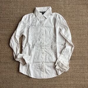 Linda Allard Ellen Tracy White Cotton Embroidered Button Up Shirt French Cuff 10